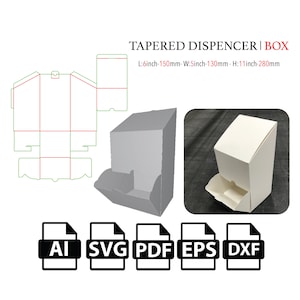Dispensador con caja superior cónica, caja rectangular, plantilla SVG, caja de archivo recortado SVG, caja de embalaje SVG,