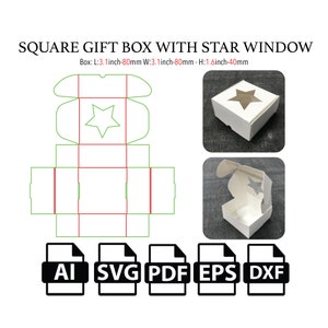 Square Gift Box with PVC Star Window,Mailer Box,Shipping Box, Template SVG,Box SVG, Party Favor Box, Box Vector svg,pdf,Product Box,