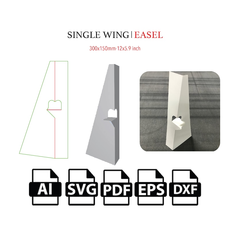 May include: A single wing easel template for a 12x5.9 inch sign. The template is shown in a gray color and is ready to be printed and assembled. The template is available in AI, SVG, PDF, EPS, and DXF file formats.