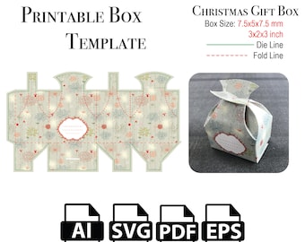 May include: Printable Christmas gift box template featuring a floral design. The template includes die and fold lines. The box measures 7.5 x 5 x 7.5 mm or 3 x 2 x 3 inches. The template is available in AI, SVG, PDF, and EPS formats.