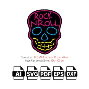 May include: A neon sign shaped like a skull with the words "ROCK NROLL" in pink and blue letters. The sign is 37 cm by 48 cm and is available in AI, SVG, PDF, EPS, and DXF file formats.