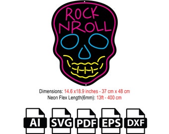DIY Rock N Roll & Skull Neon Flex Sign SVG File,Template,Vector,Artwork,SVG ,dxf,pdf,ai,file for laser and Cnc Router