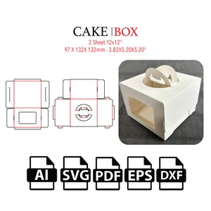 窓付きケーキボックステンプレート、テイクアウトボックス、フードボックスSVG、テンプレートSVG、カットファイルボックスSVG、ボックスベクターsvg、pdf、カッティングマシン用