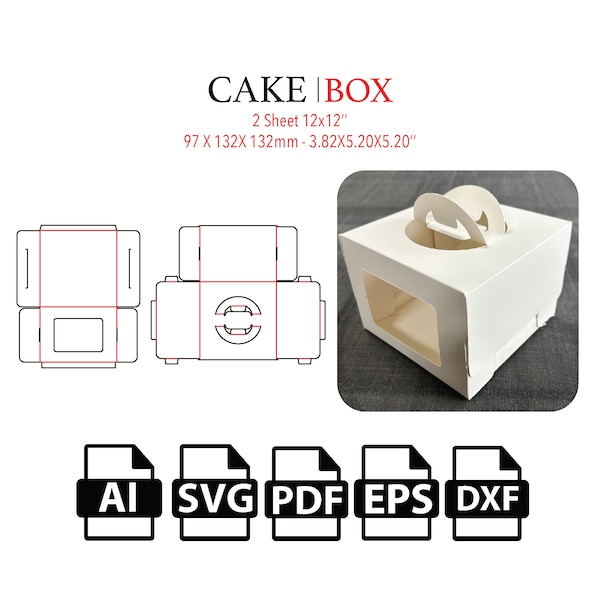 Cake Box with Window Template,Takeaway Box,Food Box SVG,Template SVG, Cut File Box SVG, Box Vector svg,pdf,For Cutting Machine