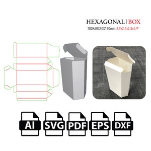 May include: Image of a hexagonal box design, measuring 100x60x70x150mm. The image includes a flat template, a 3D rendering, and a photograph of the assembled box. File formats include AI, SVG, PDF, EPS, and DXF.