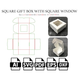 Caja de regalo cuadrada con ventana cuadrada de PVC, plantilla SVG, mini caja de regalo SVG, caja de regalo de fiesta, caja vectorial svg, pdf, caja de producto, para máquina de corte