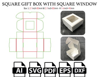 Square Gift Box with PVC Square Window,Template SVG,Mini Gift Box SVG, Party Favor Box, Box Vector svg,pdf,Product Box,For Cutting Machine