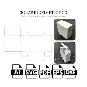 Op de afbeelding: Een printbare sjabloon voor een vierkante cosmeticadoos. De sjabloon wordt getoond gevouwen tot een doos met een deksel. De sjabloon is 4 inch bij 4 inch (10,16 cm bij 10,16 cm). De sjabloon is beschikbaar in de formaten AI, SVG, PDF, EPS en DXF.