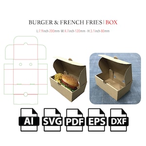 Boîte de Burger et frites, boîte à emporter, boîte de nourriture SVG, modèle SVG, fichier coupé boîte SVG, vecteur de boîte svg, pdf, pour machine de découpe