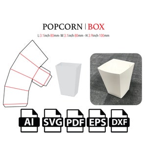 Puede incluir: Una plantilla de caja de palomitas de maíz blanca con líneas rojas. La plantilla se muestra tanto en una vista plana como plegada. Las dimensiones de la caja se enumeran como L: 3.1 pulgadas - 80 mm, W: 3.1 pulgadas - 80 mm y H: 3.9 pulgadas - 100 mm. El texto "POPCORN | BOX" está en la parte superior de la imagen. La imagen también incluye iconos para archivos AI, SVG, PDF, EPS y DXF.