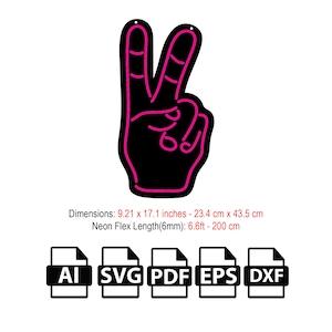 May include: Black peace sign with a neon pink outline. The dimensions are 23.4 cm x 43.5 cm. The neon flex length is 200 cm. The image also includes file type icons for AI, SVG, PDF, EPS, and DXF.