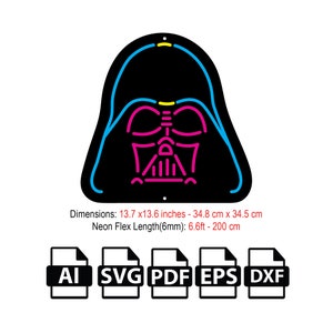May include: A black and white digital file download of a neon sign design featuring Darth Vader's face. The design is 13.7 inches by 13.6 inches and requires 6.6 feet of neon flex. The file formats included are AI, SVG, PDF, EPS, and DXF.