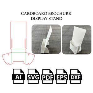 May include: A white cardboard brochure display stand with a cut-out design. The stand is shown assembled and folded. The image also includes a template for the stand, which is shown in red and green lines. The image includes the text "CARDBOARD BROCHURE DISPLAY STAND" and file formats "AI, SVG, PDF, EPS, DXF".