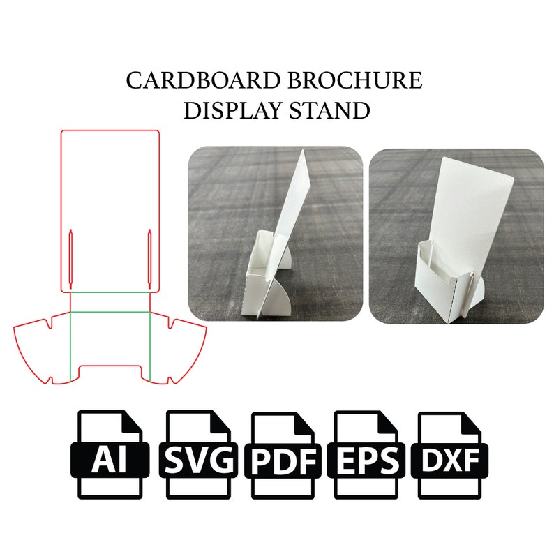 May include: A white cardboard brochure display stand with a cut-out design. The stand is shown assembled and folded. The image also includes a template for the stand, which is shown in red and green lines. The image includes the text "CARDBOARD BROCHURE DISPLAY STAND" and file formats "AI, SVG, PDF, EPS, DXF".