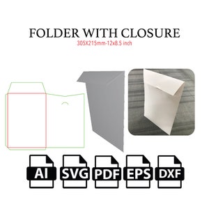 クロージャ付きフォルダテンプレート、レターとA4、テンプレートSVG、カットファイルボックスSVG、パッケージボックスSVG、ボックスベクターsvg、pdf、カッティングマシン用