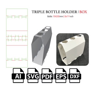 Portabotellas triple, caja de archivo de corte SVG, caja de embalaje SVG, caja vectorial SVG, PDF, caja de producto, para máquina de corte