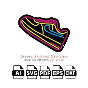 May include: Black neon-style sneaker design with pink, yellow, and blue accents. Dimensions are 38.6 cm x 28 cm. The neon flex length is 275 cm. Includes AI, SVG, PDF, EPS, and DXF file formats.