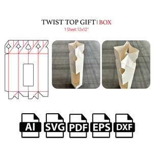 Modello per scatola regalo con tappo a torsione, scatola per caramelle, scatola rettangolare, scatola vettoriale in formato SVG, PDF, per macchina da taglio