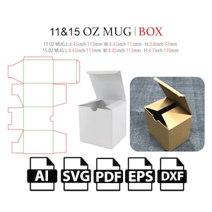 Scatola per tazze da 11 e 15 once, modello di scatola classica, scatola semplice, scatola quadrata, scatola cubica, scatola di stoccaggio, scatola per la spedizione, SVG, DXF, PDF, Cricut, Silhouette