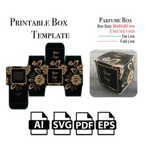 May include: Printable perfume box template with a floral design. The box is black with gold accents and measures 3.1 inches by 3.1 inches by 3.1 inches. The template includes die lines and fold lines for easy assembly. The file formats included are AI, SVG, PDF, and EPS.