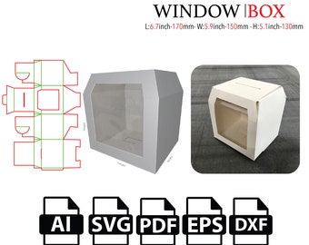 May include: A white cardboard window box with a clear plastic window. The box is 6.7 inches long, 5.9 inches wide, and 5.1 inches high. The box is shown in both assembled and flat form. The image also includes the text "WINDOW BOX" and the dimensions of the box in inches and millimeters. The image also includes file type icons for AI, SVG, PDF, EPS, and DXF.