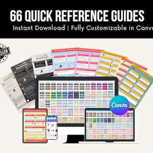 May include: Digital product image with the text "66 Quick Reference Guides" and "Instant Download | Fully Customizable in Canva." The image shows a computer, laptop, tablet, and phone displaying the guides, plus printed examples.
