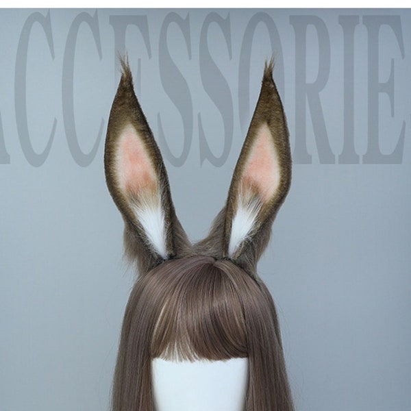 2 Colors Faux Fur Bunny Rabbit Ears headband hairband, Halloween Animal Cosplay Anime Brown Black White Cute Animal Bunny Rabbit Headband