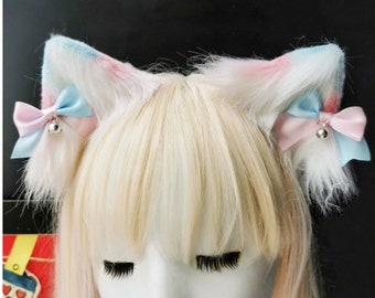 Handmade Pink Blue Candy Cat Ear Headband Hair Clip with Detachable Bell Bow, Halloween Cosplay Cat Ear Animal Ear Hair Clips Hairband