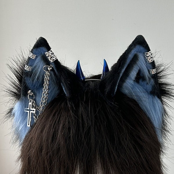 Fait à la main Goth Wolf Ears Bandeau Fausse Fourrure Cosplay Wolf Dog Cat Halloween Noir Rouge Gris Vampire Diable Furry Ear avec boucles d’oreilles gothiques