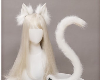 8 Colors Furry Cat Ears and Tail Set, Party Cosplay Costume Anime Faux Hair Halloween Cat Animal Ears Animal Ears Hairband Animal Tail Kit