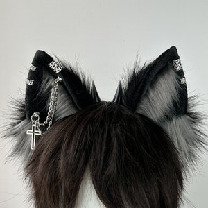 Handmade Goth Wolf Ears Headband Faux Fur Cosplay Wolf Dog Cat Halloween Black Red Grey Vampire Devil Furry Ear with Gothic Earrings