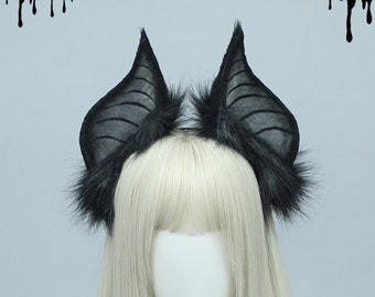 Gothic Steampunk Black Bat Ears Cosplay Hallowen Animal Ears Headband Hairband Faux Fur Furry for Cosplay Bat Devil Vampire