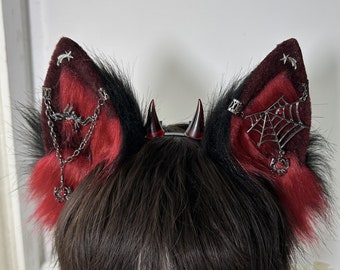 Handmade Goth Wolf Ears Headband Cosplay Wolf Dog Cat Halloween Black Red Vampire Devil Animal Ear with Gothic Earrings Red Black Tail Furry