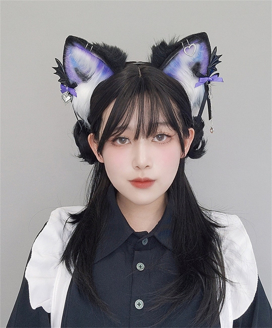 Gothic Black Purple Furry Animal Ears Headband Hairband Halloween