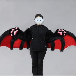 Goth Black Red Bat's Wings Bat's Paws Faux Fur Furry for Cosplay Devil Vampire Bat Halloween Costume Bat Fursuit