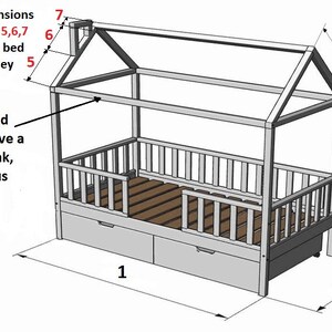 May include: A white wooden bed frame with a house-shaped canopy. The bed has two drawers and a slatted base. The dimensions of the bed are labeled with numbers.