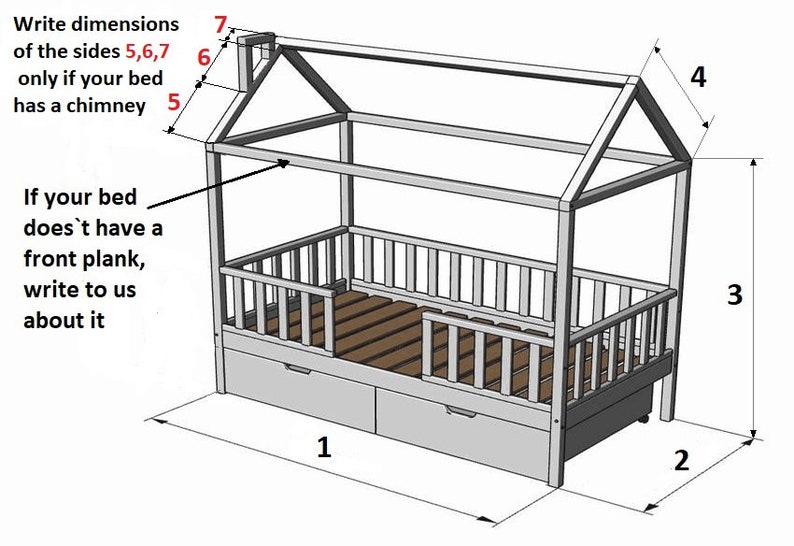 May include: A white wooden bed frame with a house-shaped canopy. The bed has two drawers and a slatted base. The dimensions of the bed are labeled with numbers.