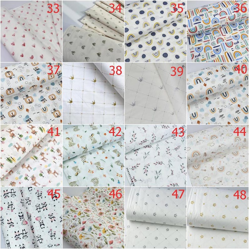 Op de afbeelding: Een collectie van zestien stofstalen met diverse patronen, waaronder hartjes, regenbogen, kronen, dieren en bloemmotieven op een witte achtergrond, elk gemarkeerd met een rood nummer van 33 tot 48 voor identificatiedoeleinden.