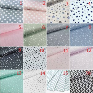 May include: A collection of 16 fabric swatches featuring different patterns, including polka dots, stars, and chevron designs. The swatches are arranged in a grid with numbers 1 through 16.