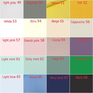 May include: Color chart with 16 different colors, labeled with names and numbers. The colors include light gray, graphite, yellow, tofi, white, ecru, beige, cappucino, light pink, skandi pink, cocoa, violet, light mint, dirty mint, sage, green, light blue, azure, navy blue, and black.