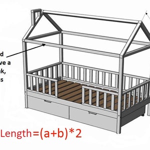 May include: A white wooden bed frame with a house-shaped canopy and two drawers. The bed frame has a slatted headboard and footboard, and the canopy is supported by two vertical posts. The bed frame is shown from a side angle, and the drawers are visible below the bed. The text "Length=(a+b)*2" is written below the bed frame.