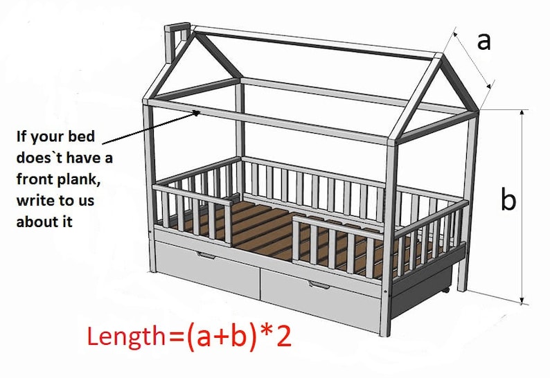 May include: A white wooden bed frame with a house-shaped canopy and two drawers. The bed frame has a slatted headboard and footboard, and the canopy is supported by two vertical posts. The bed frame is shown from a side angle, and the drawers are visible below the bed. The text "Length=(a+b)*2" is written below the bed frame.