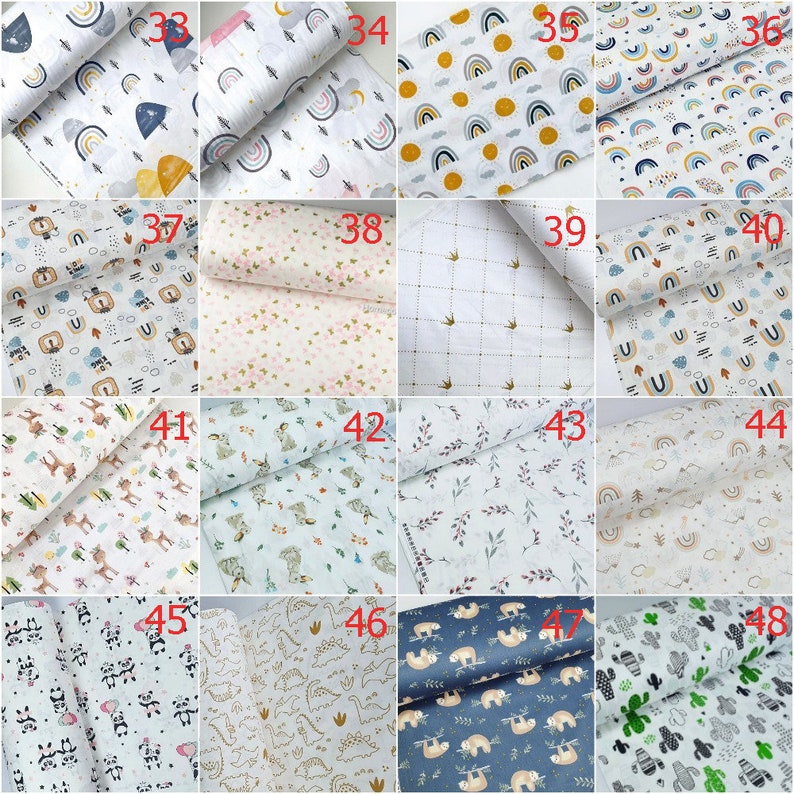 May include: A collection of 12 different fabric swatches featuring various patterns, including rainbows, animals, and geometric designs. The swatches are numbered 33 through 48.