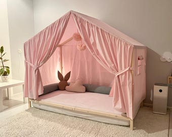 Dosel para cama casita, dosel Montessori, cortinas de cama, casita Montessori, dosel para cama casita, cortinas de cama con dosel, tienda de campaña de juego, baldaquín de cama