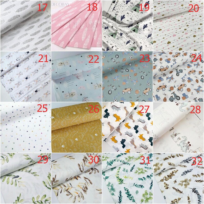 May include: A collection of 12 different fabric swatches with various patterns, including feathers, stars, animals, and leaves. The swatches are numbered 17 through 32.