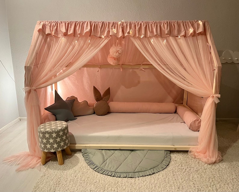 Luifel voor meisjes, Montessori-luifel, tule gordijnen voor het bed, luifel voor een huisbed, luifel voor een kinderbed, luifel voor een huisbed, tule luifel afbeelding 4