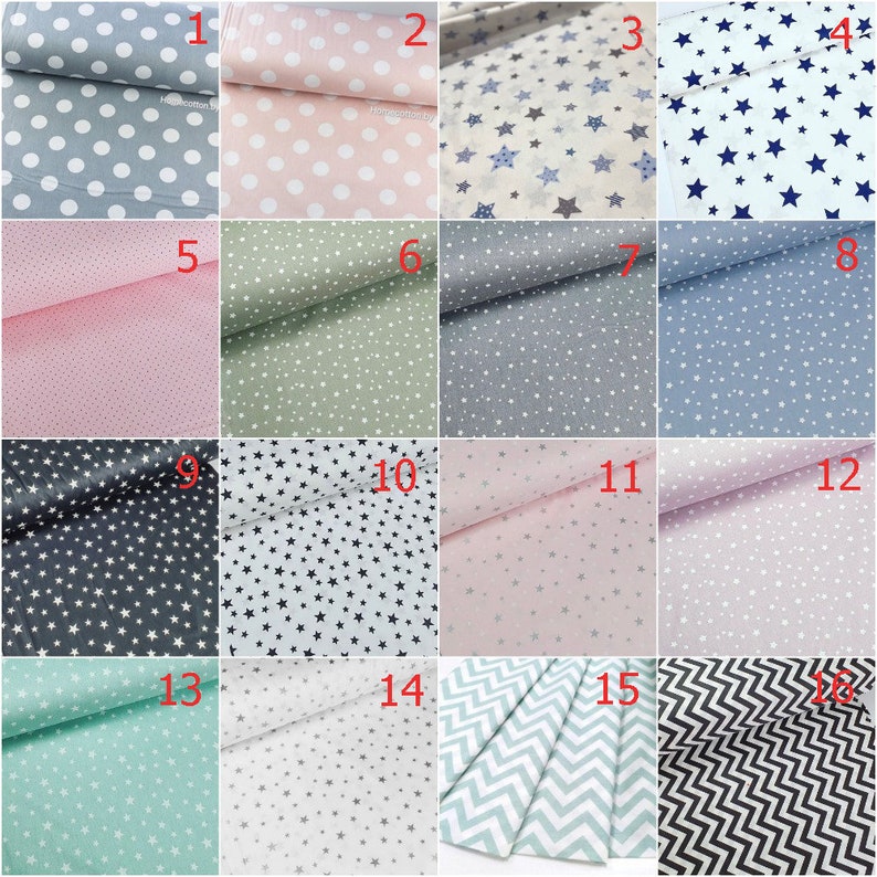 May include: A collection of 16 fabric swatches featuring different patterns, including polka dots, stars, and chevron designs. The swatches are arranged in a grid of four rows and four columns. The swatches are all in various shades of pink, blue, gray, and green.