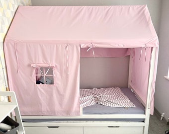 Dosel rosa para cama Montessori, cortinas de tela a medida, tienda de juegos.
