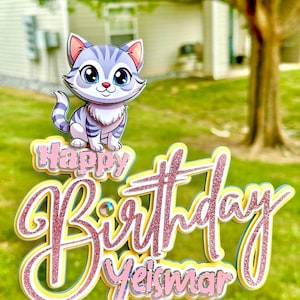 Topo de bolo de gatinho, Topo de bolo de feliz aniversário, Tema de gatinho, Topo de gato, Decorações de gatinho, Festa de gato, Festa de gatinho
