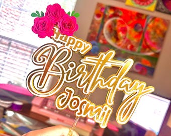Happy Birthday-taarttopper: cardstock decoratie met bloemen